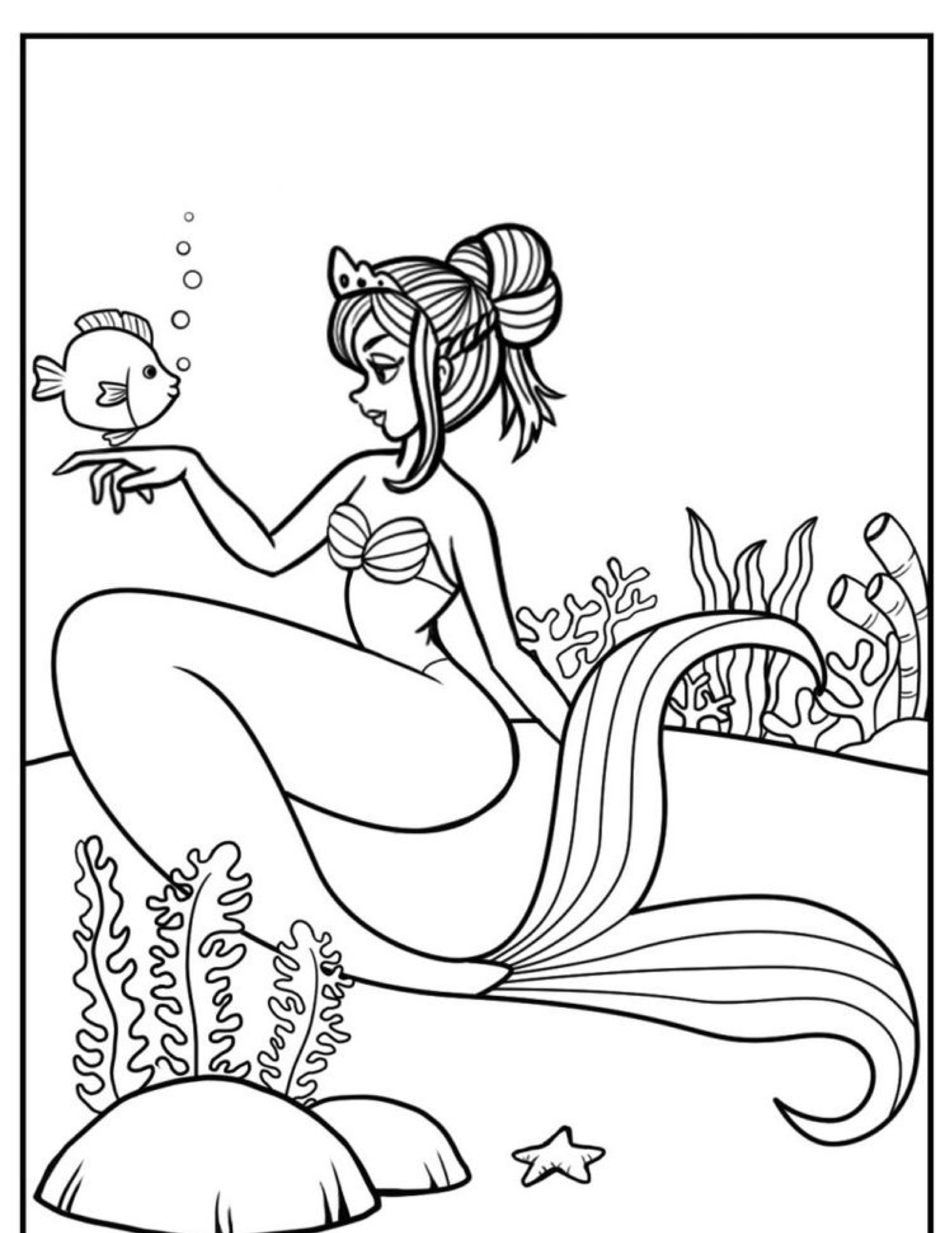 Uma sereia com um top de concha, parecida com Ariel, sentada debaixo d'água, interagindo com um peixe. Corais e plantas marinhas criam um fundo vibrante perfeito para colorir.