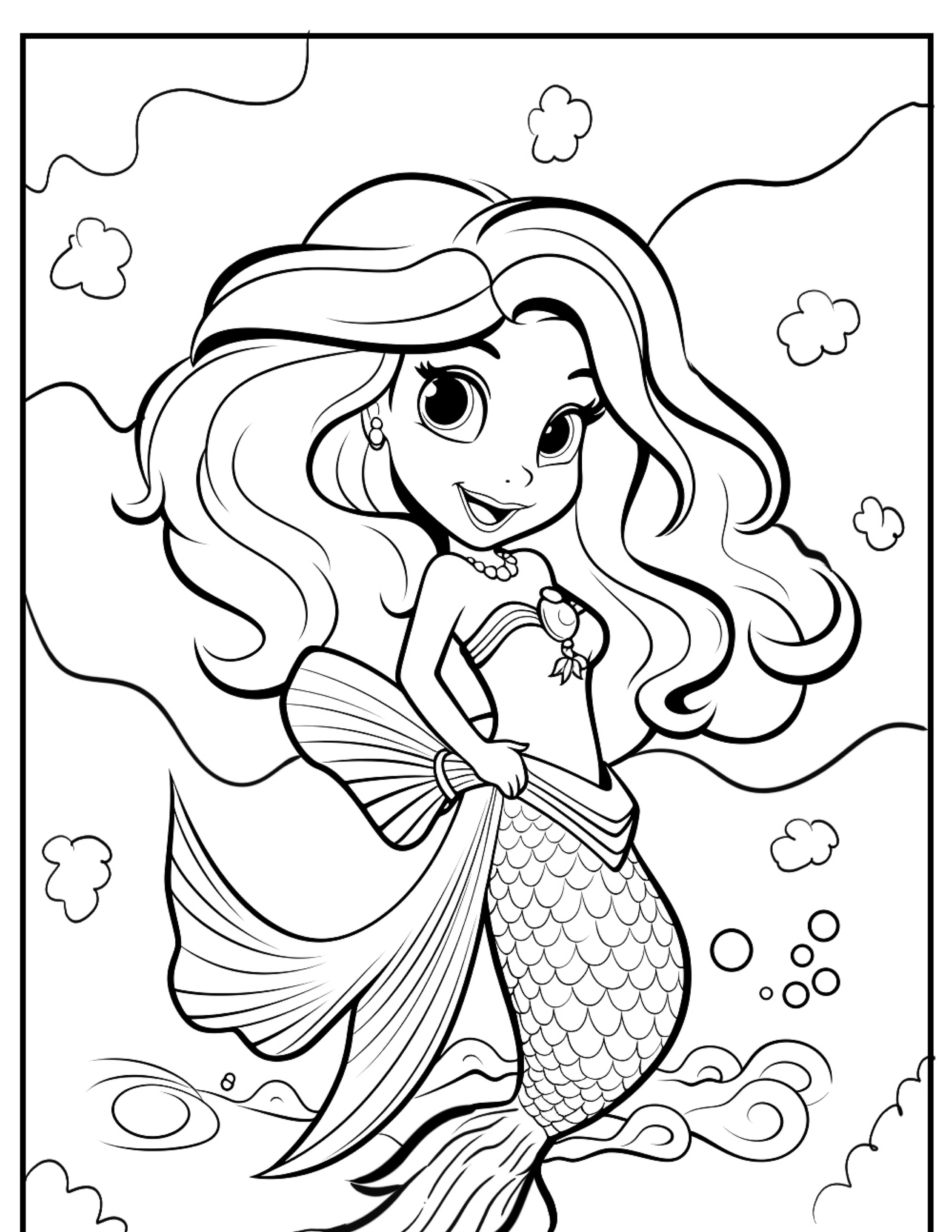 Uma sereia feliz com cabelos soltos e uma cauda estampada sorri debaixo d'água, cercada por bolhas e ondas, perfeita para crianças que querem colorir este encantador Desenho da Ariel.