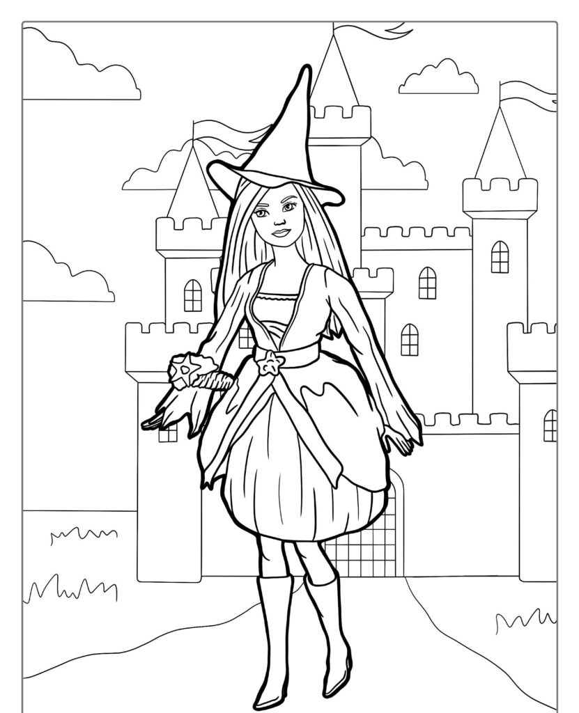 Uma bruxa Barbie de vestido e chapéu está em frente a um castelo segurando uma vassoura, com nuvens ao fundo, perfeita para imprimir como um Desenho Para Colorir. Para colorir.