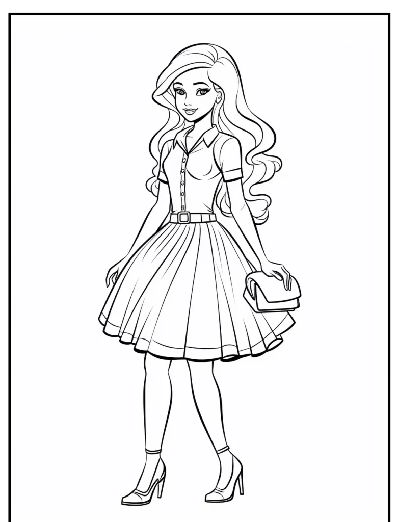 Um desenho de uma mulher estilosa com cabelos ondulados, usando um vestido e saltos, segurando uma bolsa clutch — perfeito para os fãs da Barbie colorirem. Para colorir.