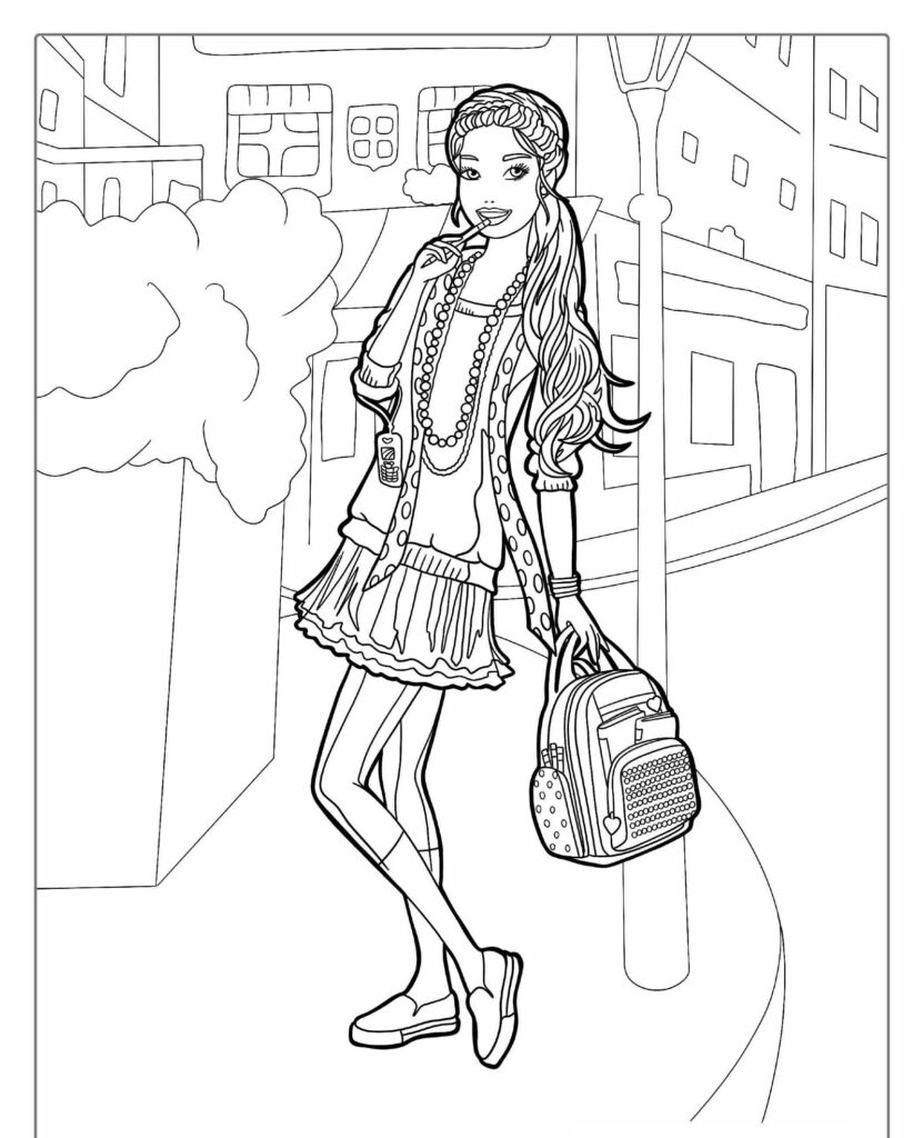 Uma menina de cabelos longos, vestindo saia e cardigã, está em uma rua da cidade segurando uma bolsa e sorrindo, parecendo ter saído de uma página de Barbie Desenho Para Colorir pronta para imprimir. Para colorir.