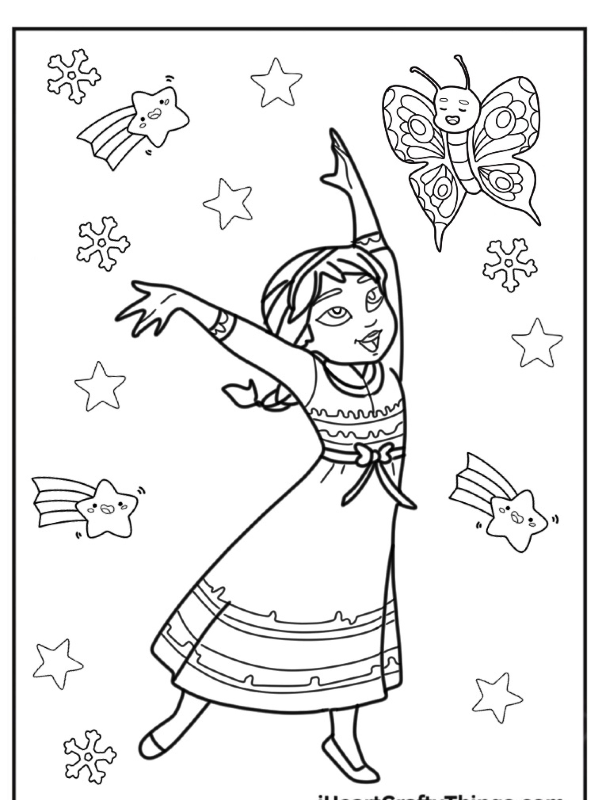 Uma menina de vestido dançando entre estrelas, borboletas sorridentes e estrelas cadentes em um desenho de Para Colorir.