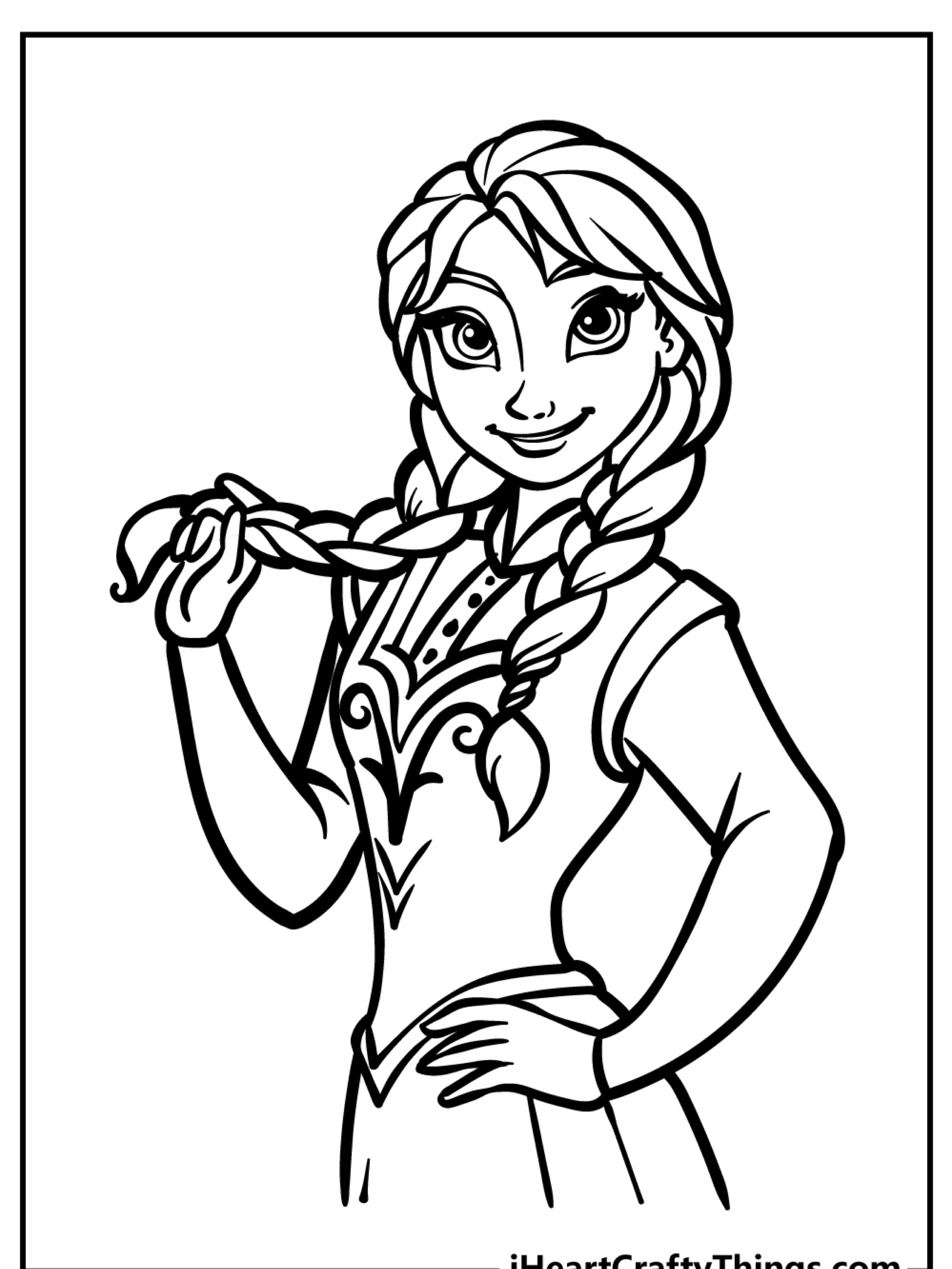 Uma página para colorir Frozen apresentando um personagem sorridente com cabelo trançado, segurando uma trança e vestindo uma roupa detalhada. Desenho para Colorir.