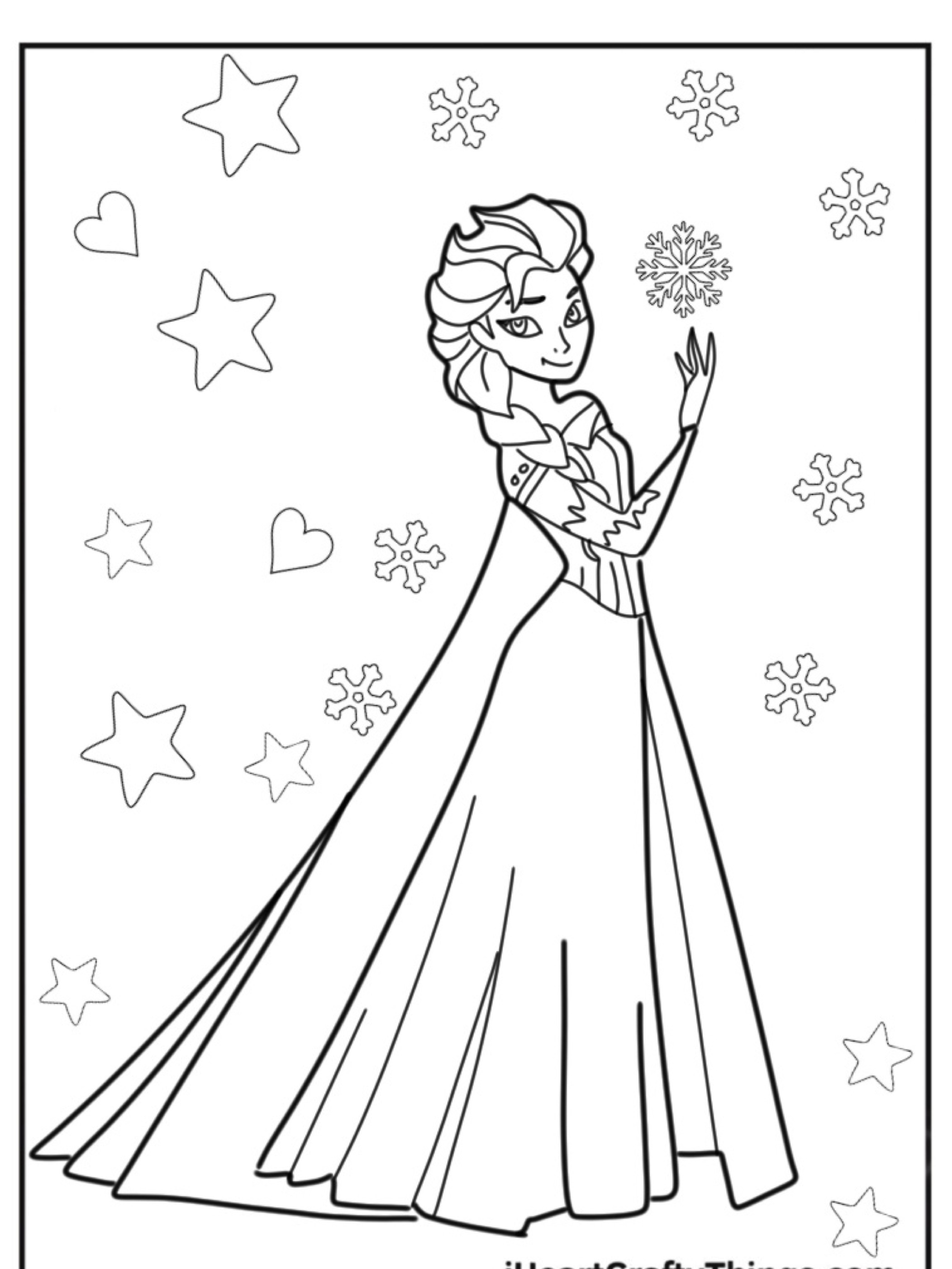 Uma linda página para colorir de uma princesa de Frozen segurando um floco de neve, com estrelas e corações ao fundo, perfeita para as crianças colorirem.