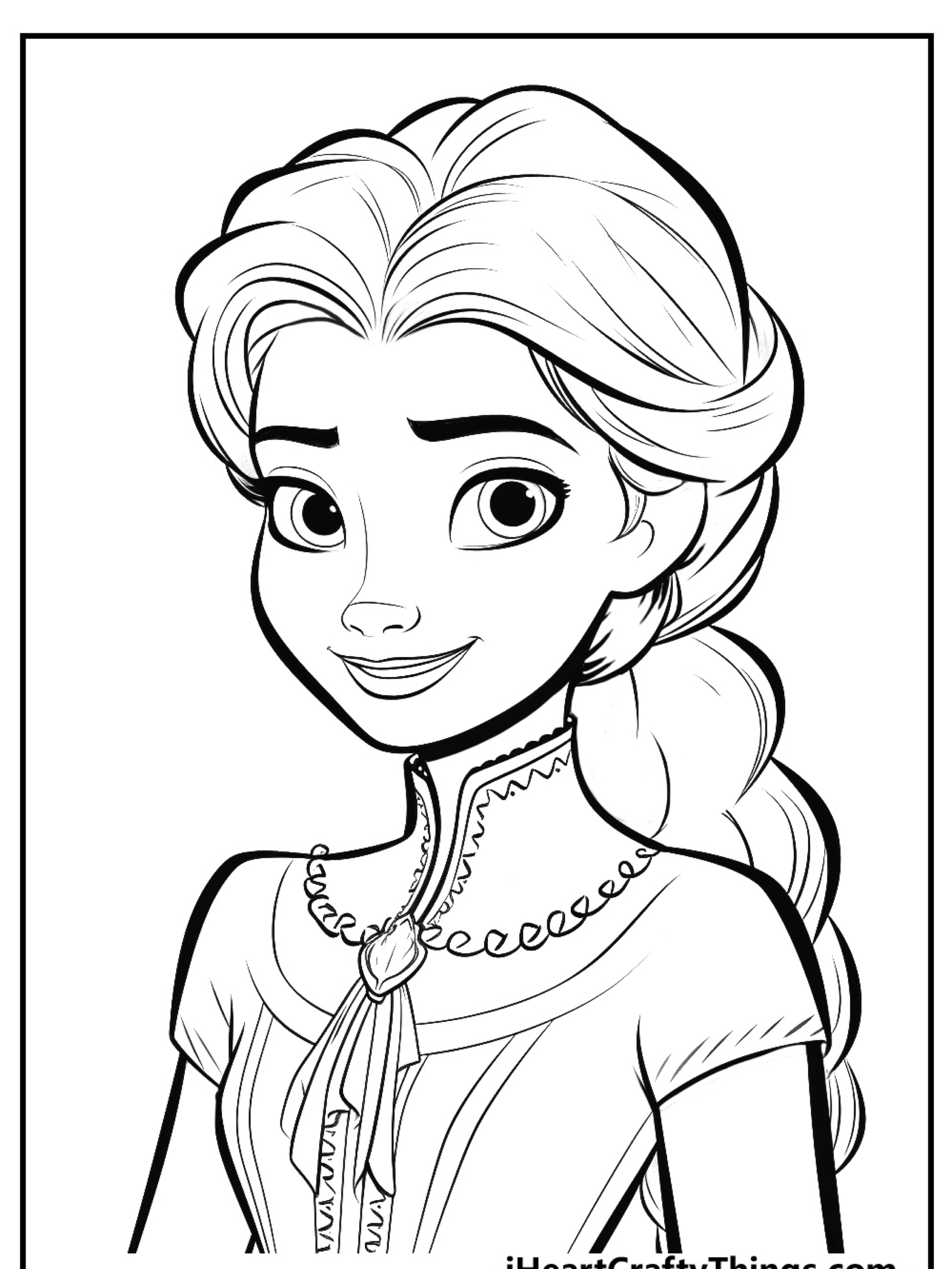 Ilustração em preto e branco de uma menina animada sorridente com cabelos longos presos para trás, usando um vestido detalhado com gola alta, que lembra os personagens de Frozen — um desenho para colorir perfeito.