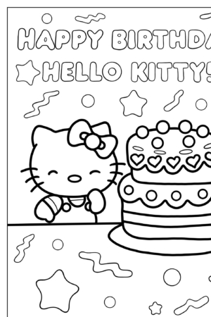 Um desenho da Hello Kit com um bolo de aniversário e o texto "Feliz Aniversário Hello Kitty!" adornado com estrelas e círculos, perfeito para desenhos para colorir.