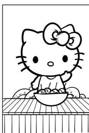 Hello Kitty em pé atrás de uma mesa com uma tigela de comida; donuts são visíveis ao fundo, perfeitos para desenhos para colorir.