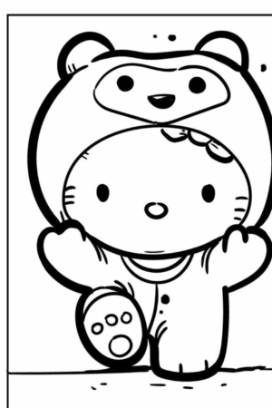 Personagem de desenho animado fofo em uma fantasia de urso com patas para cima e um pequeno sorriso, em pé em uma pose brincalhona. Perfeito para colorir, este desenho em preto e branco captura um espírito brincalhão.