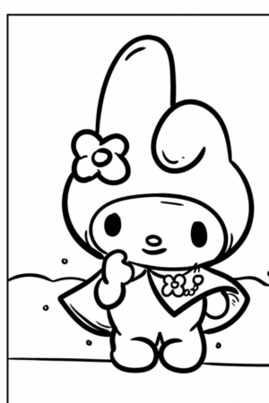 Um personagem de desenho animado com um grande chapéu e um acessório de flores, que lembra Hello Kitty, está graciosamente com uma capa esvoaçante.