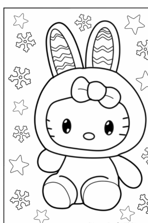 Um personagem de desenho animado fofo com orelhas de coelho, cercado por estrelas e flocos de neve, pronto para colorir — perfeito para Desenhos para colorir!