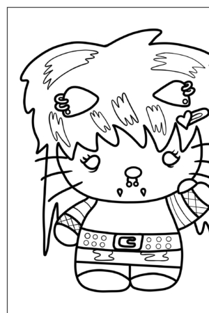 Um gato fofo com cabelo espetado e piercings, usando um cinto, luvas de rede e pulseiras, pronto para ser colorido neste desenho para colorir da Hello Kit.