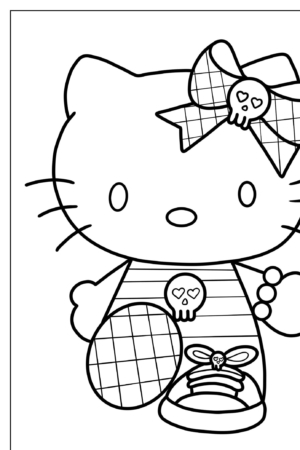 Desenhos para colorir apresentando Hello Kitty com um laço de caveira, uma camiseta de caveira e uma bola de basquete e um tênis por perto.