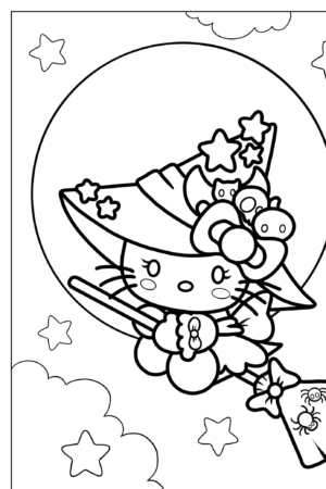 Lindo gato de desenho animado vestido de bruxa, lembrando Hello Kitty, voando em uma vassoura com estrelas e nuvens ao fundo — desenho para colorir perfeito!