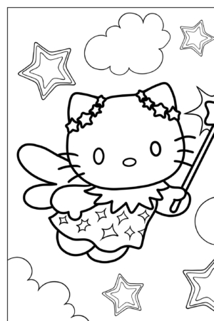 Um gato de desenho animado usando um vestido estrelado e segurando uma varinha mágica, cercado por estrelas e nuvens, perfeito para fãs de Hello Kit que procuram desenhos para colorir.