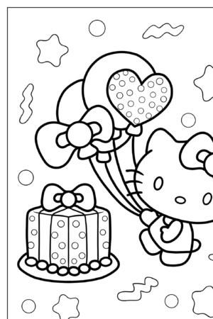 Uma personagem da Hello Kitty segurando balões ao lado de um bolo de aniversário decorado, com estrelas e pontos ao fundo, perfeito para desenhos para colorir.