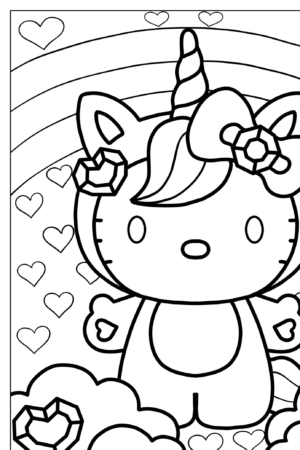 Um unicórnio de desenho animado com um laço está em frente a um arco-íris e corações, com nuvens a seus pés nesta página para colorir Hello Kit Desenhos para colorir.