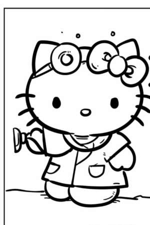 Hello Kitty vestida de médica, segurando um estetoscópio, e usando um casaco e espelho de cabeça. Perfeita para quem ama desenho para colorir, esta imagem adorável inspira criatividade e diversão.