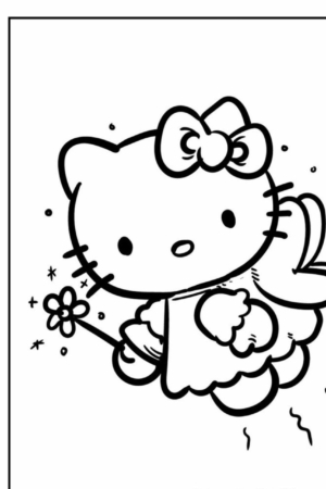 Hello Kitty, voando com asas de fada e segurando uma varinha com uma estrela na ponta, está cercada por brilhos nesta cena mágica. Perfeita para desenho para colorir, esta imagem encantadora traz alegria a todos os fãs de Hello Kit!