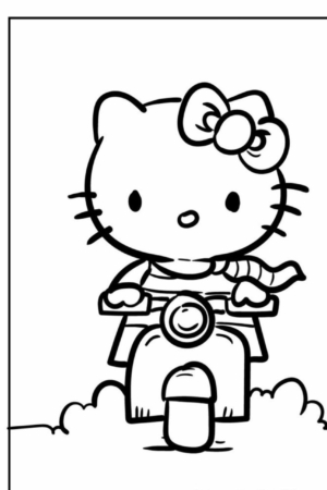 Hello Kitty andando de scooter, vista de frente, com um laço na cabeça e um cachecol balançando ao vento, perfeita para desenhos para colorir.