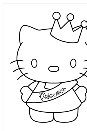 Esboço de um gato de desenho animado com uma coroa e uma faixa de "Princesa", perfeito para Hello Kit ou desenhos para colorir.