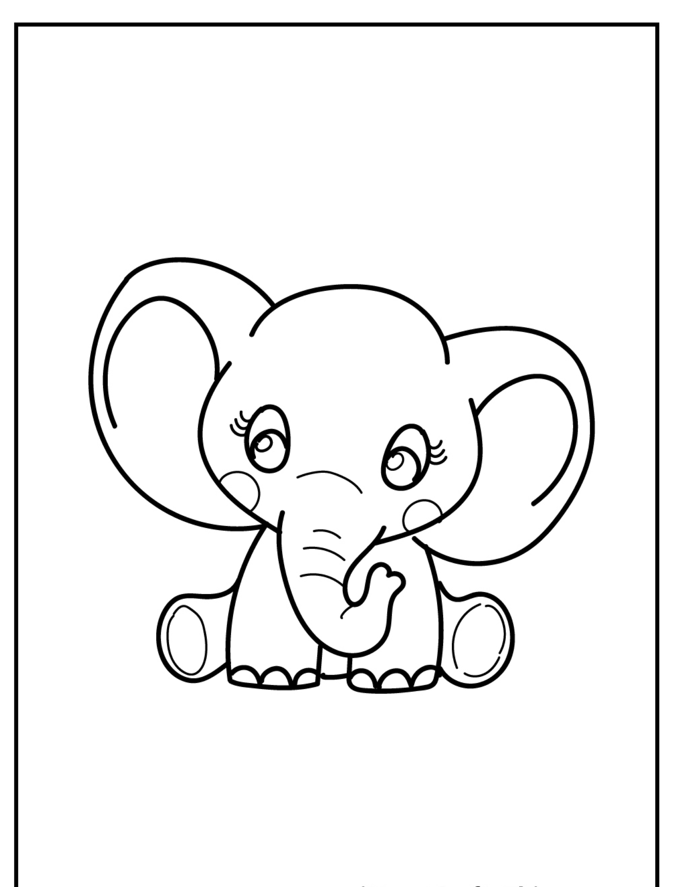 Desenho simples em preto e branco de um lindo bebê elefante sentado com a tromba levantada e olhos grandes e redondos, perfeito para colorir desenhos de animais. Para colorir.