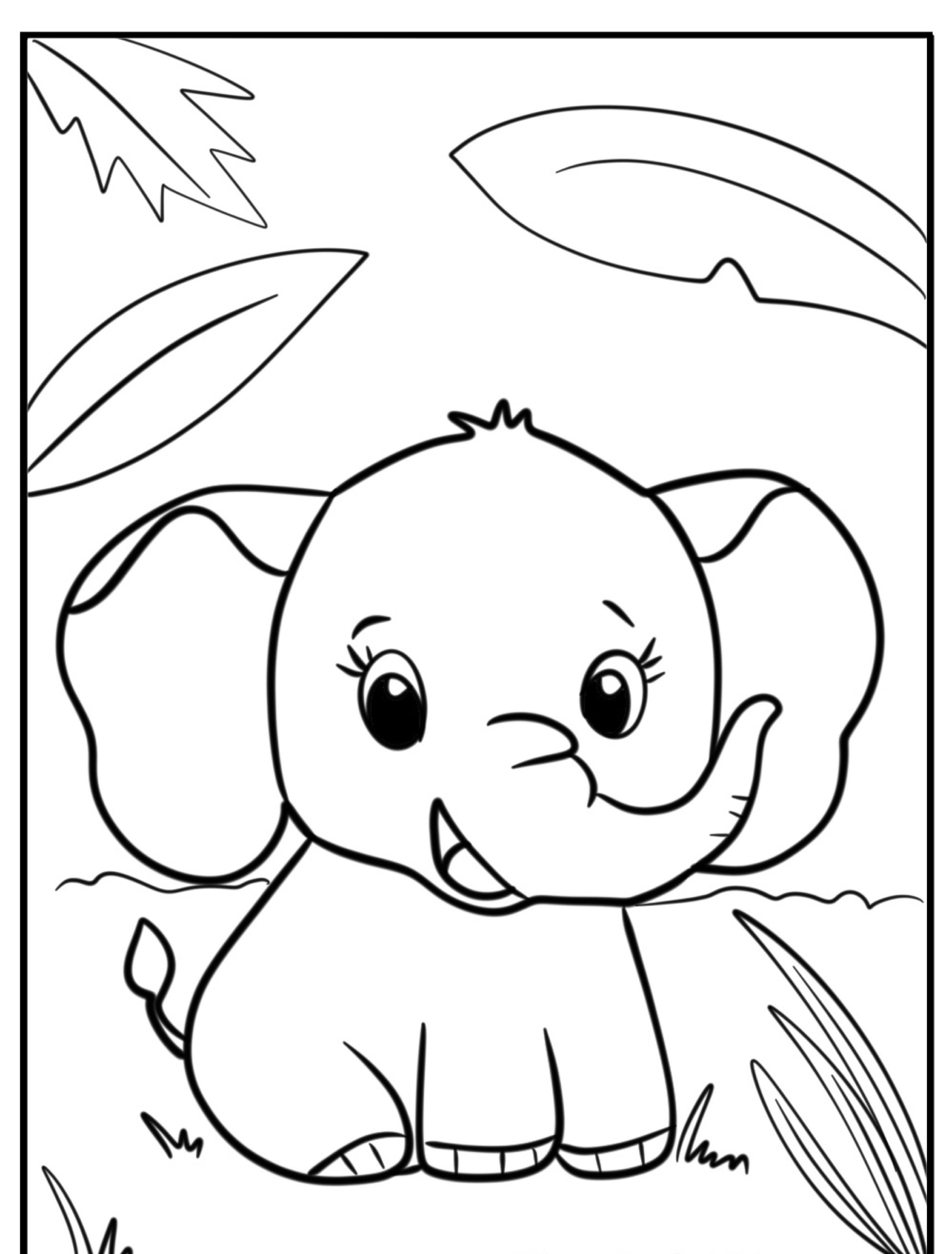 Um lindo bebê elefante de desenho animado com orelhas grandes, sentado e sorrindo entre folhas da selva, perfeito para desenhos para colorir. Para colorir.