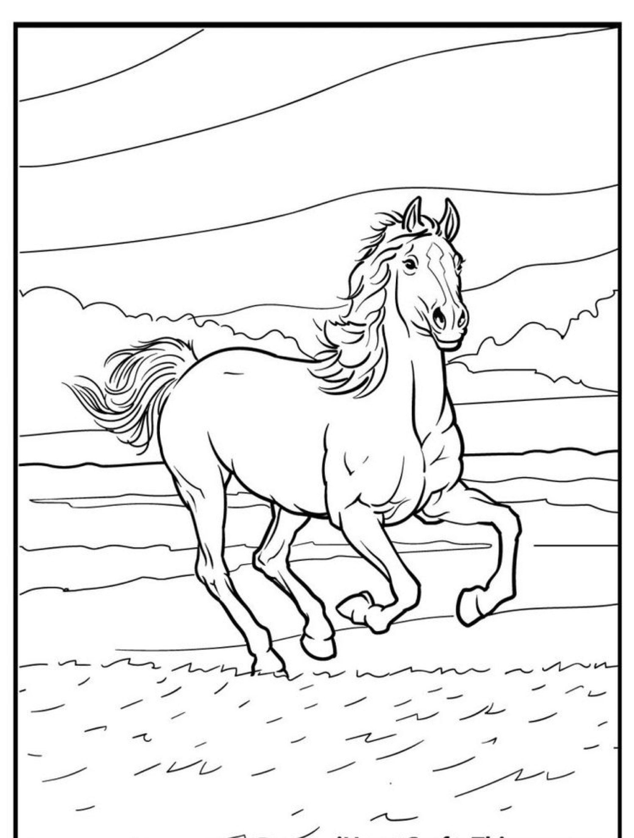 Um desenho em preto e branco de um cavalo correndo em um campo aberto com um céu nublado ao fundo, perfeito para colorir.