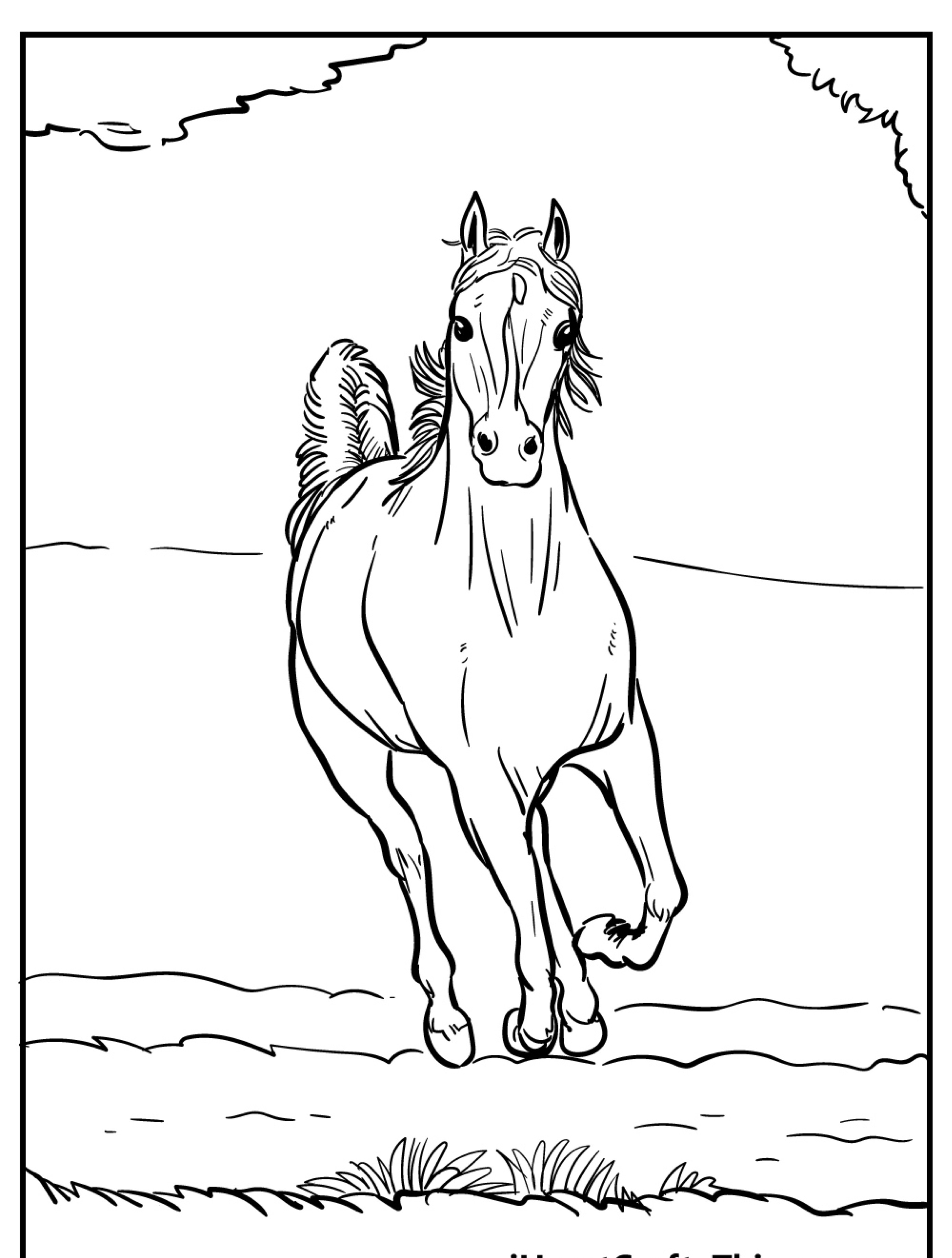 Esboço de um cavalo correndo para frente com um fundo cênico e alguns arbustos na parte inferior, perfeito para colorir de uma forma divertida e criativa. Desenho captura a beleza e a graça deste animal majestoso enquanto fornece uma atividade envolvente.