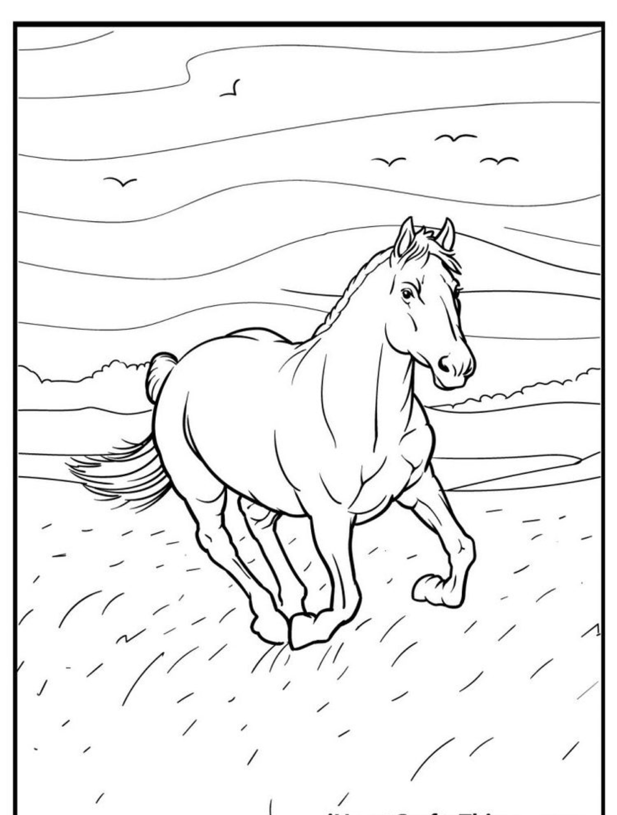 Um cavalo galopa por um campo com uma paisagem montanhosa e pássaros no céu, criando o cenário perfeito para um desenho de cavalo para colorir.