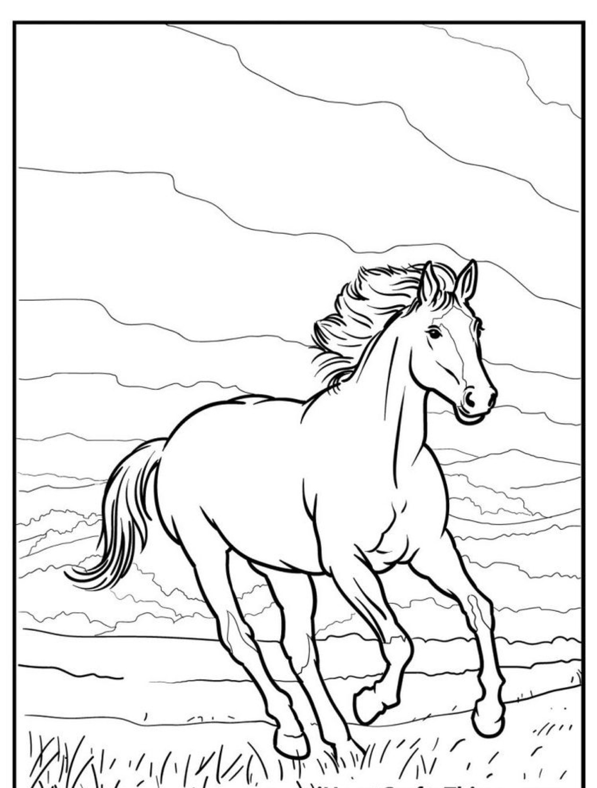 Um desenho de cavalo galopando por um campo com colinas e um céu nublado ao fundo, perfeito para colorir.