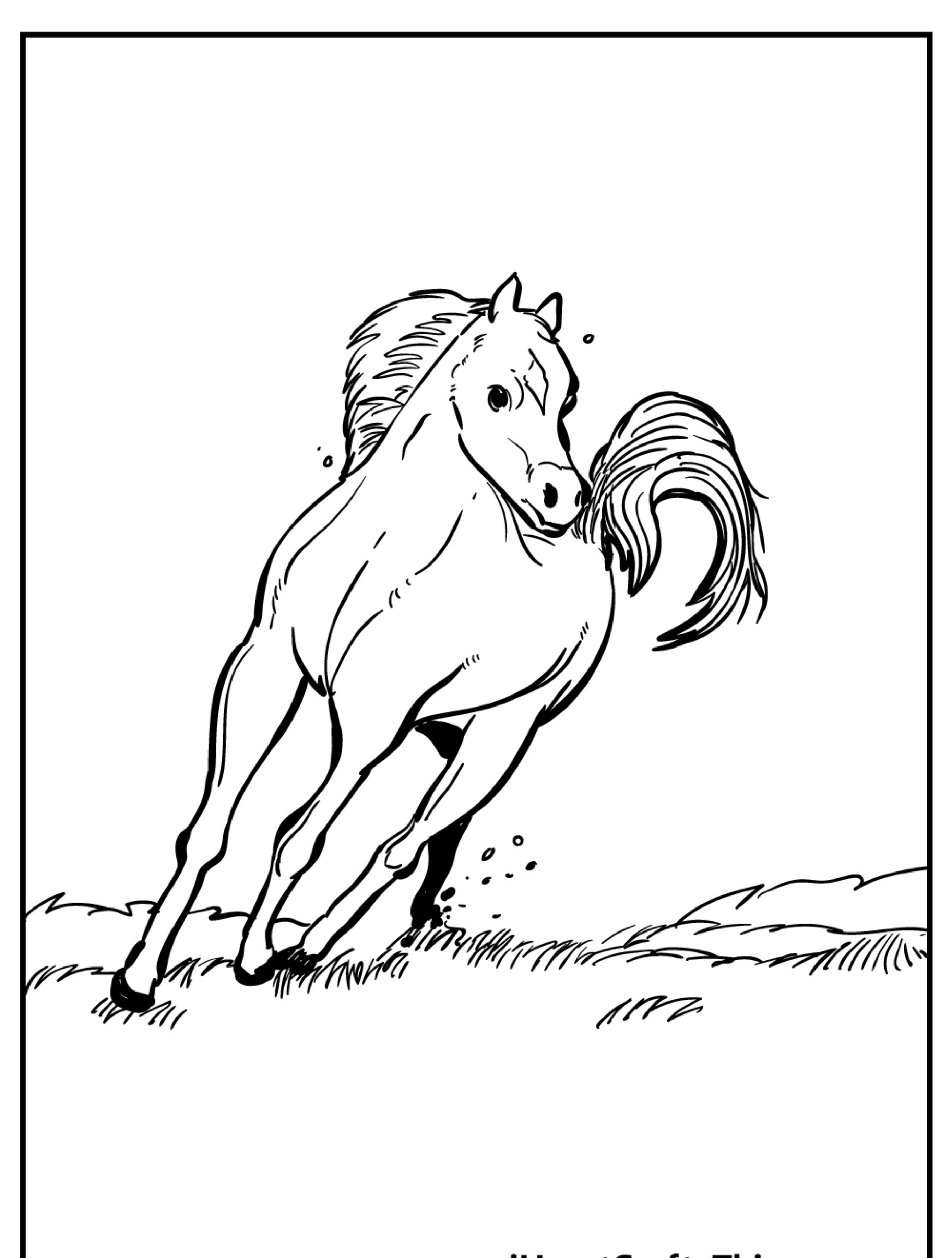 Desenho em preto e branco de um cavalo correndo com sua crina e cauda esvoaçantes, em uma paisagem gramada, perfeito para colorir e proporcionar horas de diversão criativa.