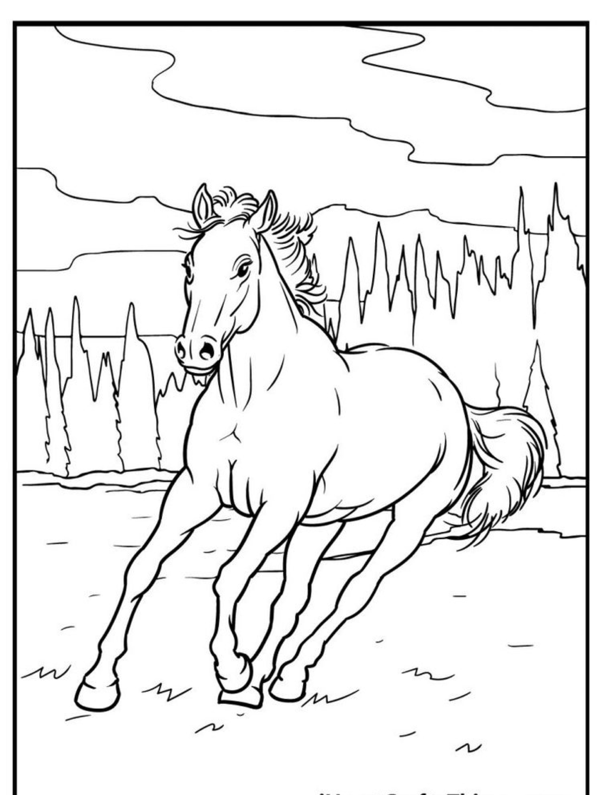 Um desenho de um cavalo correndo por uma paisagem com árvores e nuvens ao fundo, perfeito para colorir.