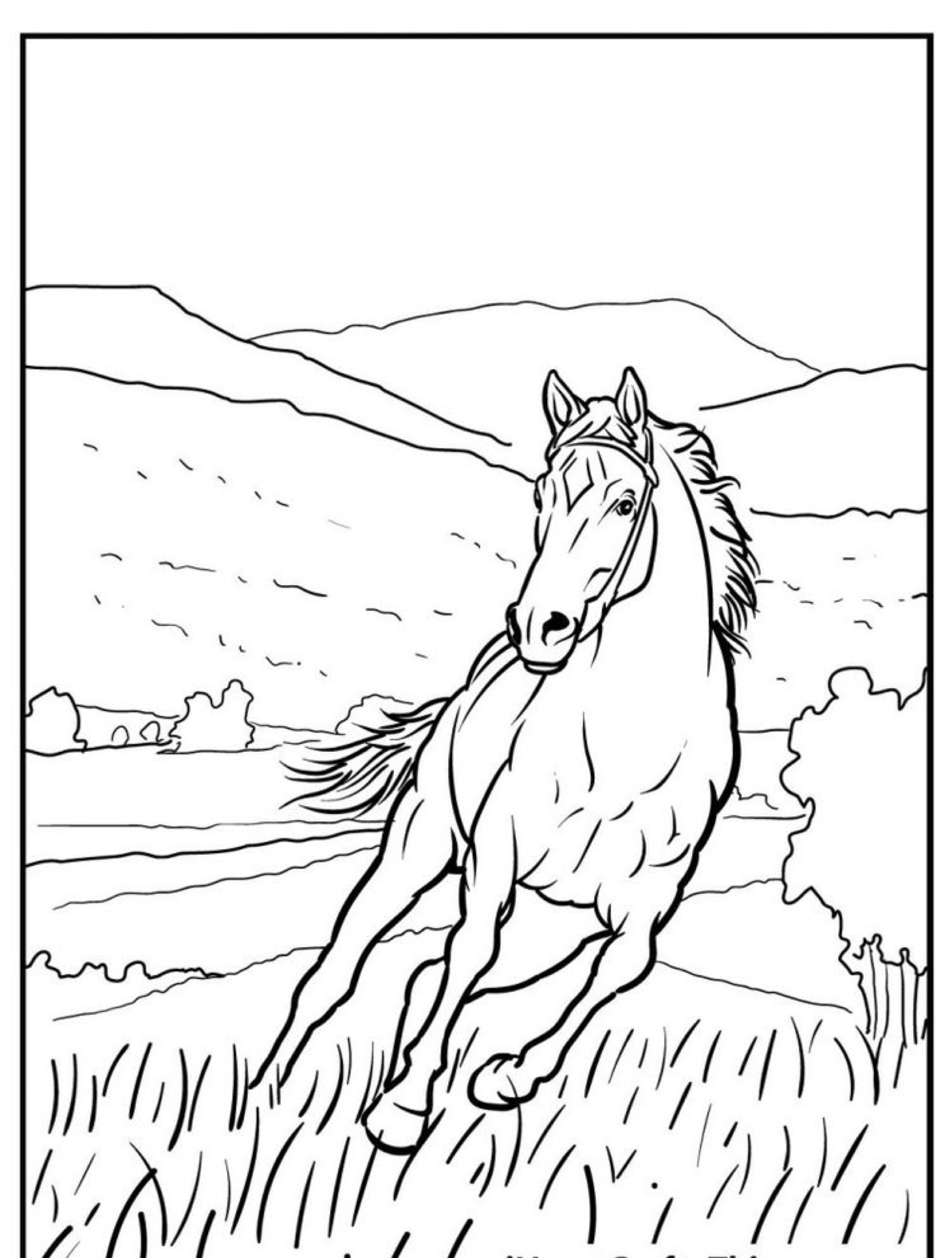 Um cavalo correndo por um campo gramado com colinas e árvores ao fundo, retratado em estilo de livro de colorir.