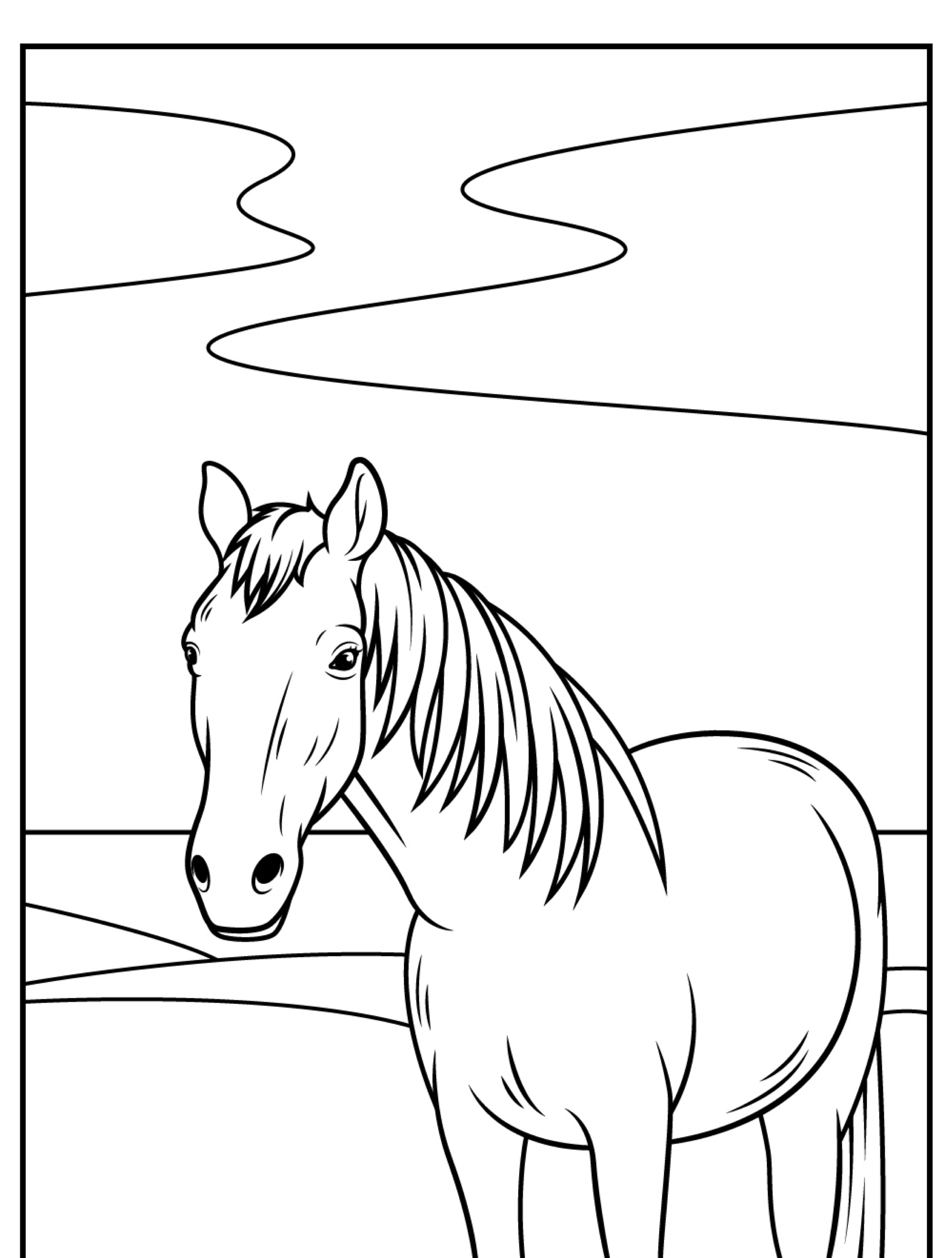 Desenho de um cavalo para colorir em um campo com um horizonte ondulado ao fundo.