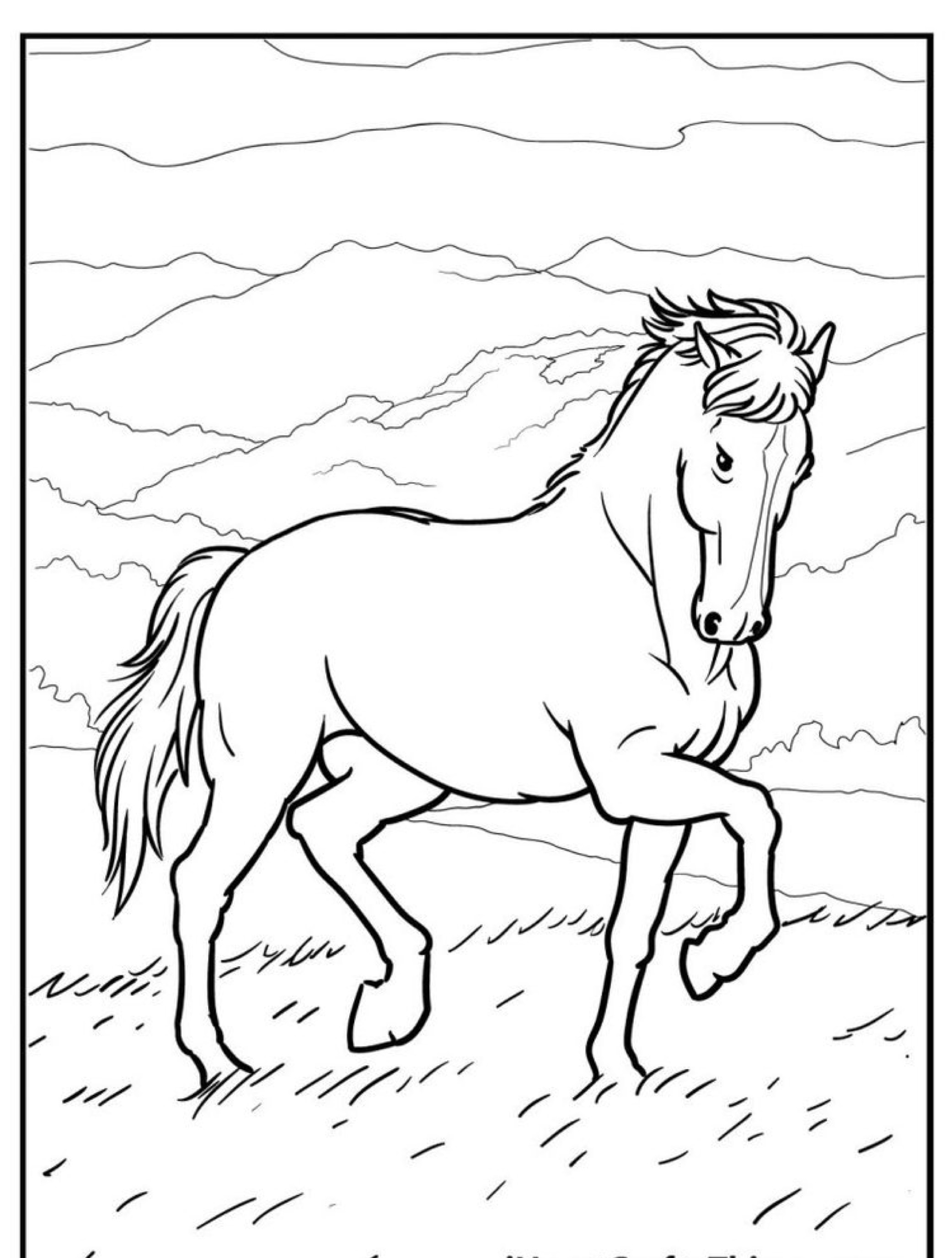 Um desenho de um cavalo em um campo gramado com montanhas ao fundo, perfeito como desenho para colorir.