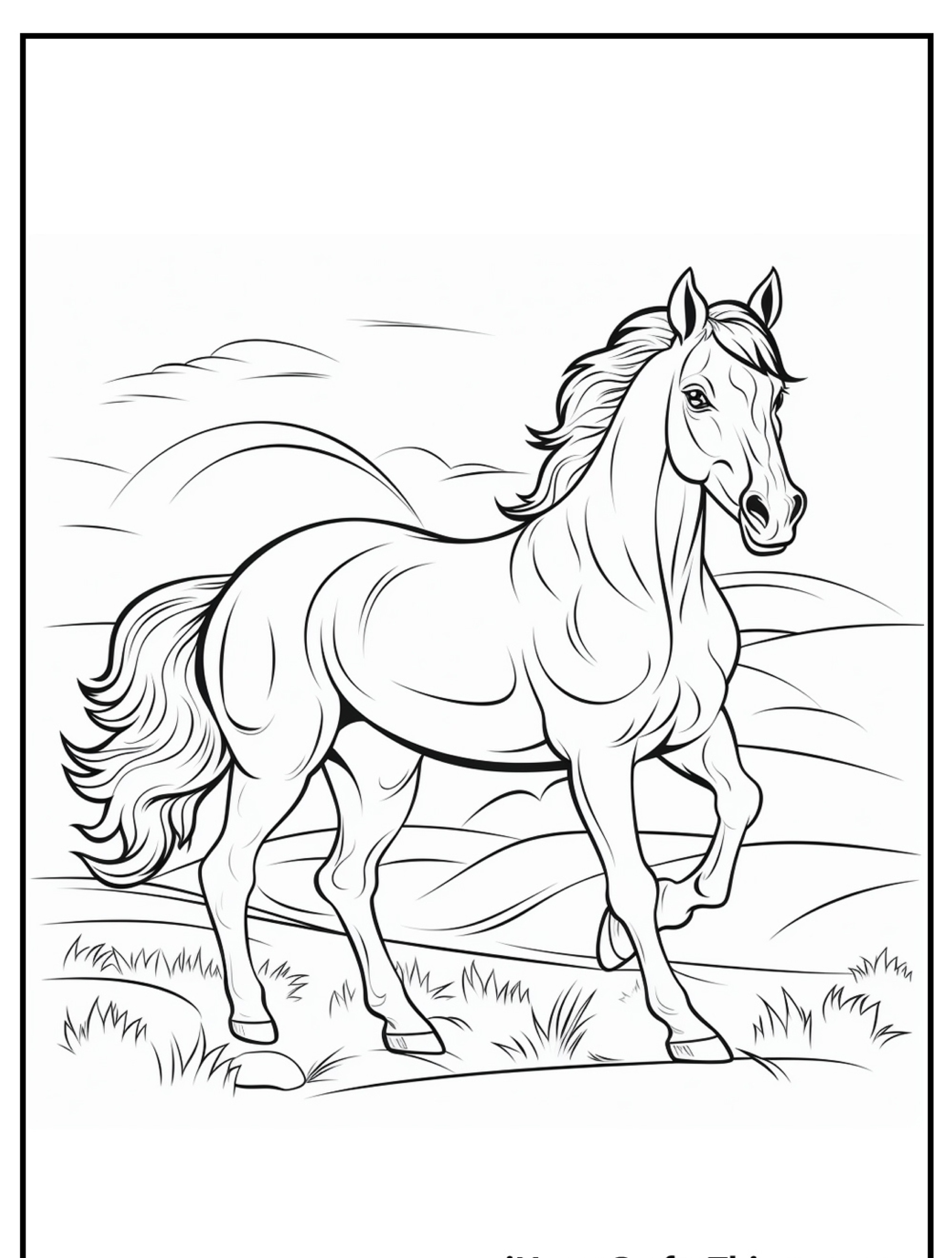 Arte linear em preto e branco de um cavalo majestoso em pé e levantando uma perna em um cenário externo pitoresco com colinas, perfeito como um cavalo para colorir ou para um projeto artístico de colorir.