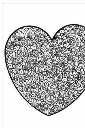 Um formato de coração preto e branco intrincadamente detalhado, repleto de vários desenhos florais e paisley, perfeito para quem gosta de corações para colorir. Para Colorir.