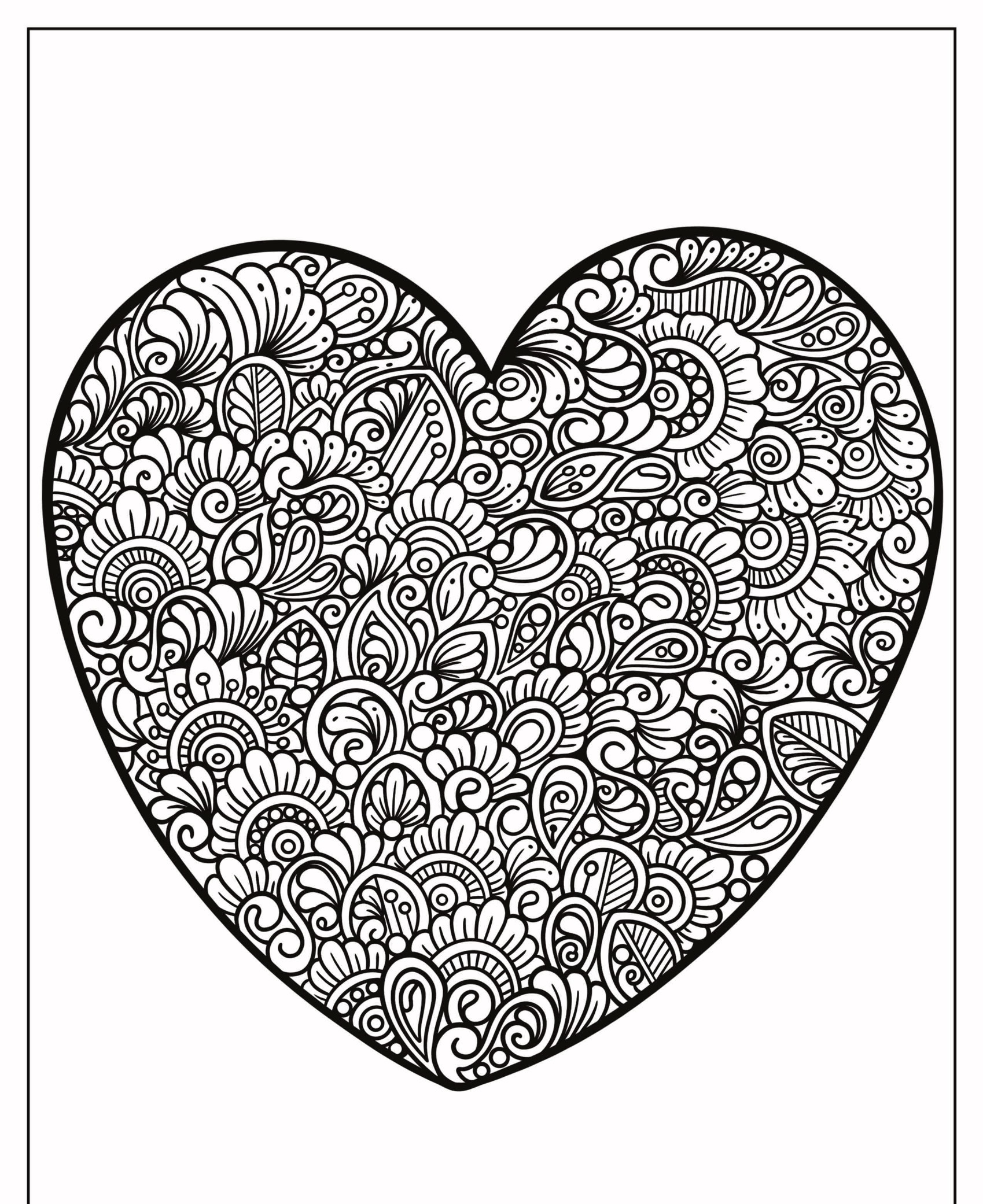 Um formato de coração preto e branco intrincadamente detalhado, repleto de vários desenhos florais e paisley, perfeito para quem gosta de corações para colorir. Para Colorir.