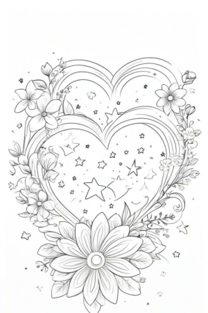 Contorno em formato de coração com flores, estrelas e decorações de arco-íris, com uma grande flor central na parte inferior — perfeito para desenhos de corações para colorir. Para Colorir.