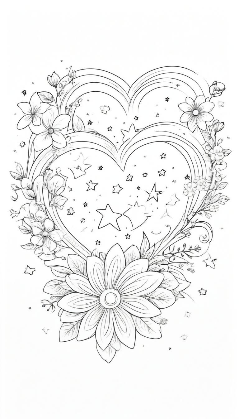 Contorno em formato de coração com flores, estrelas e decorações de arco-íris, com uma grande flor central na parte inferior — perfeito para desenhos de corações para colorir. Para Colorir.