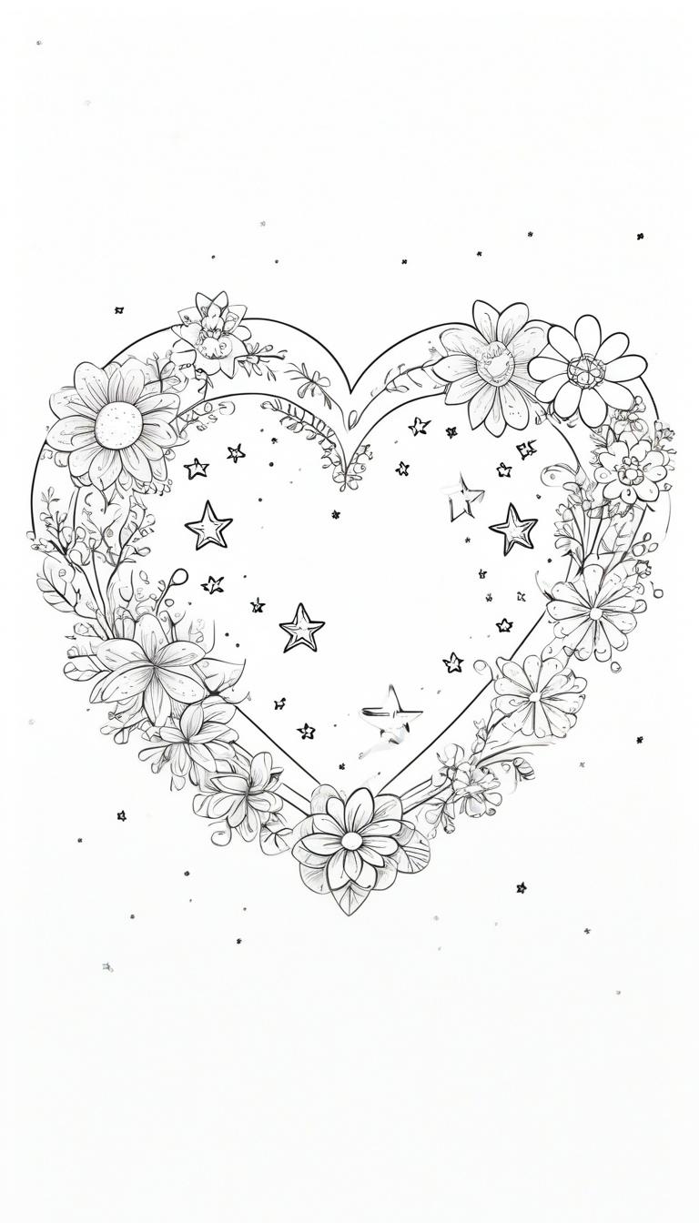 Um lindo formato de coração feito de flores e folhas, com estrelas no centro, retratado em elegantes linhas em preto e branco. Ideal para colorir e desenhar, este desenho encantador captura a essência dos corações apaixonados em cada detalhe intrincado. Para Colorir.