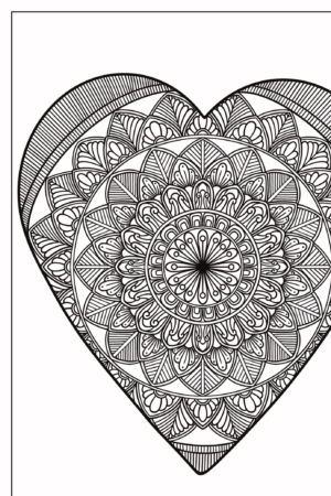 Design intrincado de mandala em formato de coração em preto e branco com padrões florais e geométricos detalhados, perfeito para entusiastas de colorir. Para Colorir.