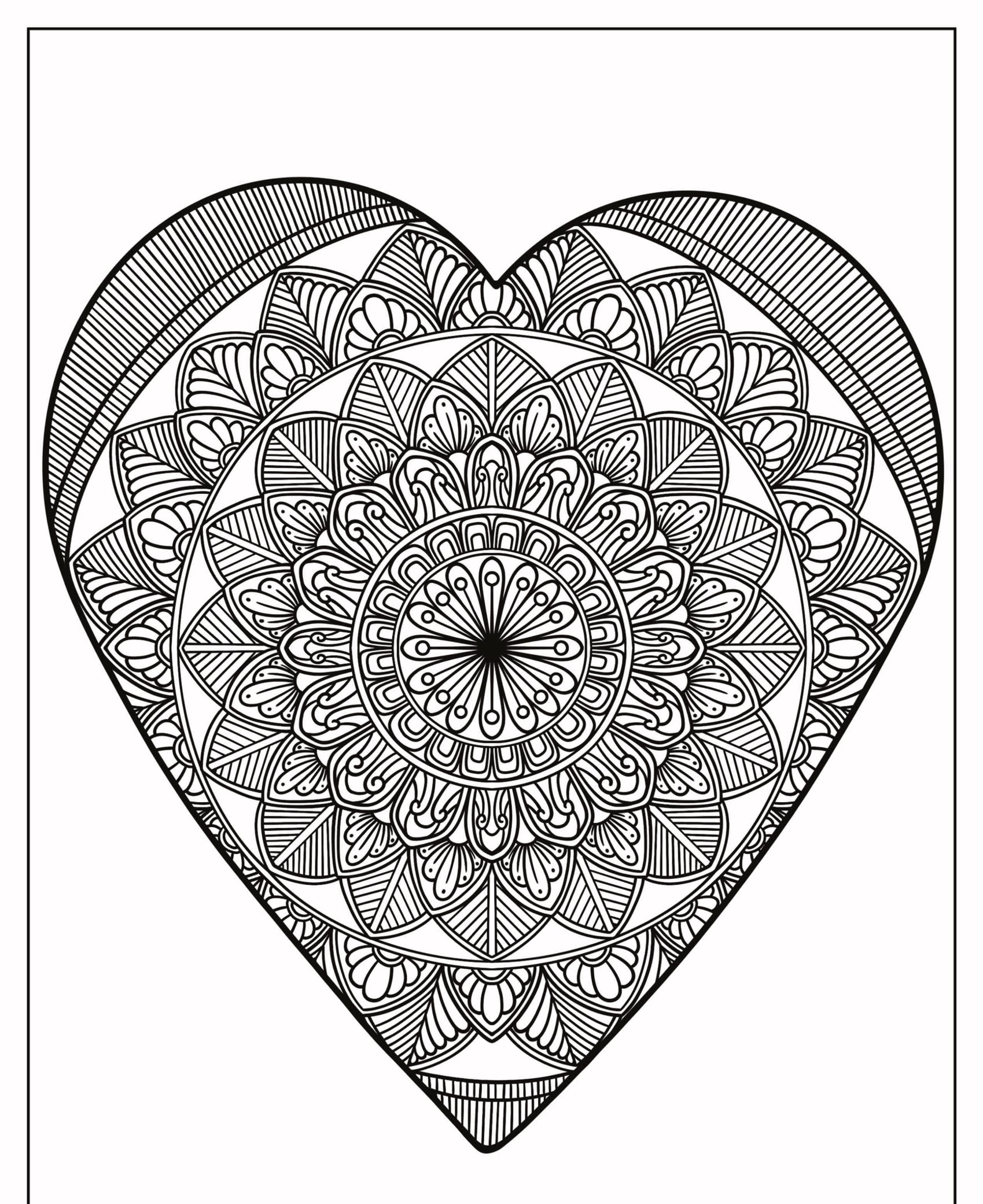 Design intrincado de mandala em formato de coração em preto e branco com padrões florais e geométricos detalhados, perfeito para entusiastas de colorir. Para Colorir.