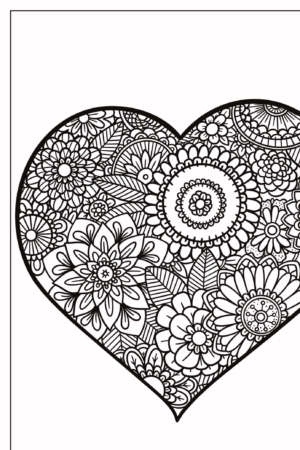 Ilustração complexa de coração em preto e branco repleta de padrões florais e mandalas detalhados, perfeita para aqueles que adoram desenhos para colorir. Para Colorir.