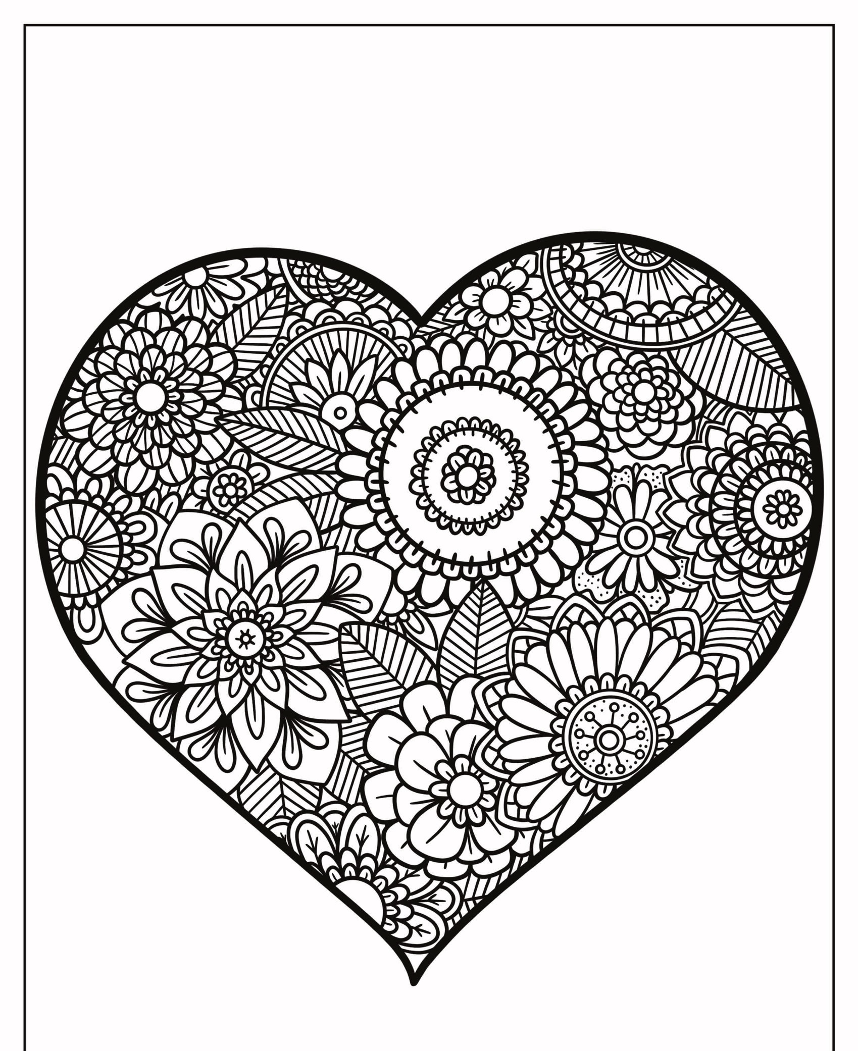 Ilustração complexa de coração em preto e branco repleta de padrões florais e mandalas detalhados, perfeita para aqueles que adoram desenhos para colorir. Para Colorir.