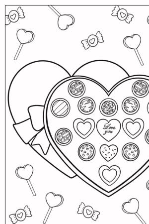 Página para colorir de caixa de doces em formato de coração com chocolates variados e mensagem "Te amo", cercada por ilustrações de doces. Ideal para quem gosta de desenho para colorir, especialmente desenho de corações, para adicionar um toque de criatividade e amor à sua arte. Para Colorir.