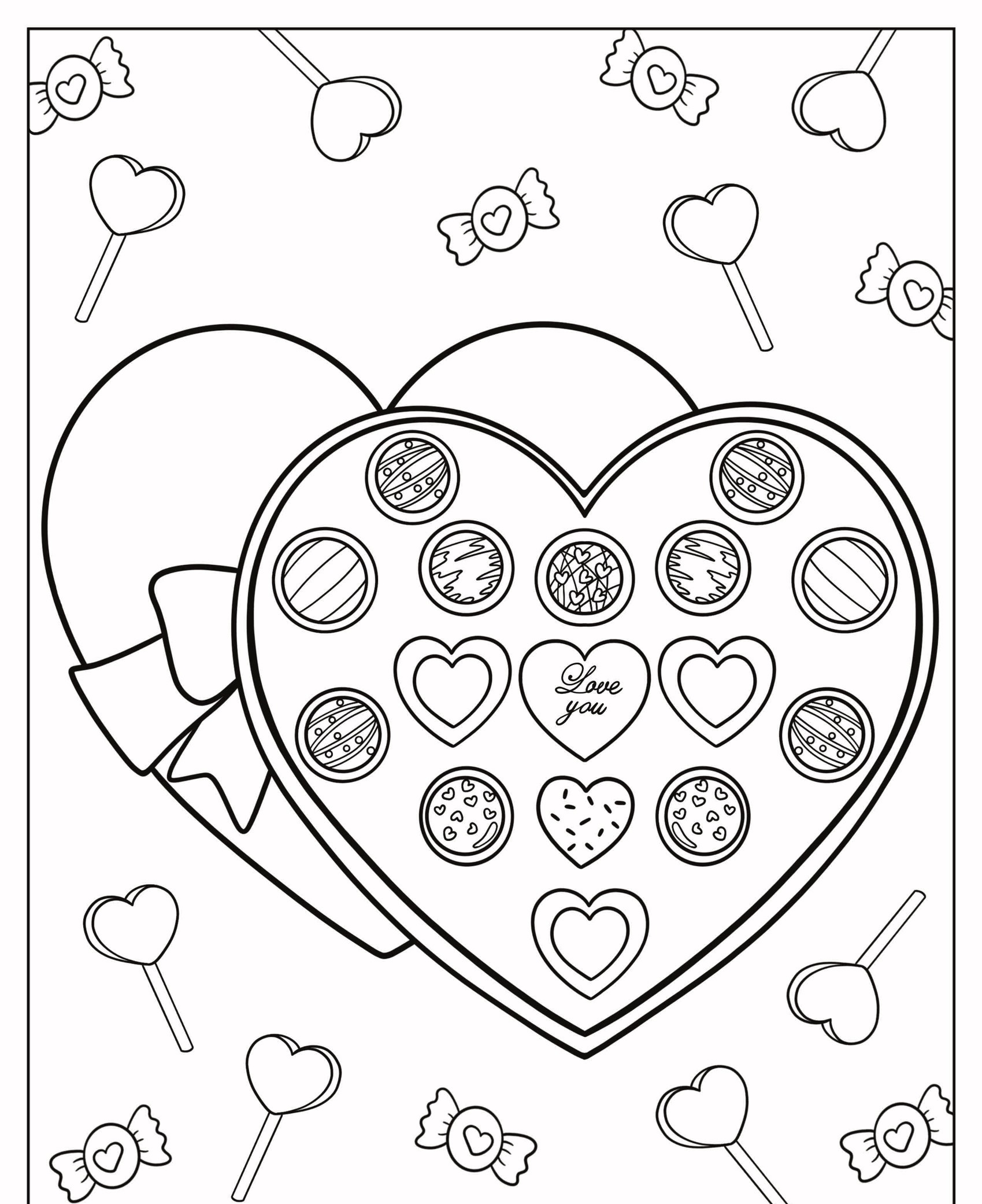 Página para colorir de caixa de doces em formato de coração com chocolates variados e mensagem "Te amo", cercada por ilustrações de doces. Ideal para quem gosta de desenho para colorir, especialmente desenho de corações, para adicionar um toque de criatividade e amor à sua arte. Para Colorir.