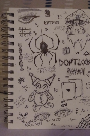 Uma página de caderno repleta de vários desenhos, incluindo uma aranha, cogumelos, olhos e textos como "Não desvie o olhar" e "Quem é você. Para Colorir.