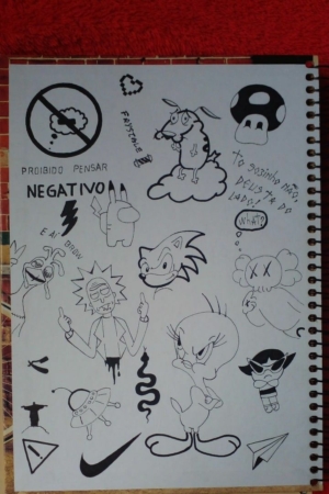 Uma página de caderno fácil repleta de esboços com vários personagens e símbolos, incluindo Sonic, Rick, um logotipo da Nike e pensamentos negativos proibidos. Perfeito para fazer desenhos ou Desenhos de cria. Para Colorir.