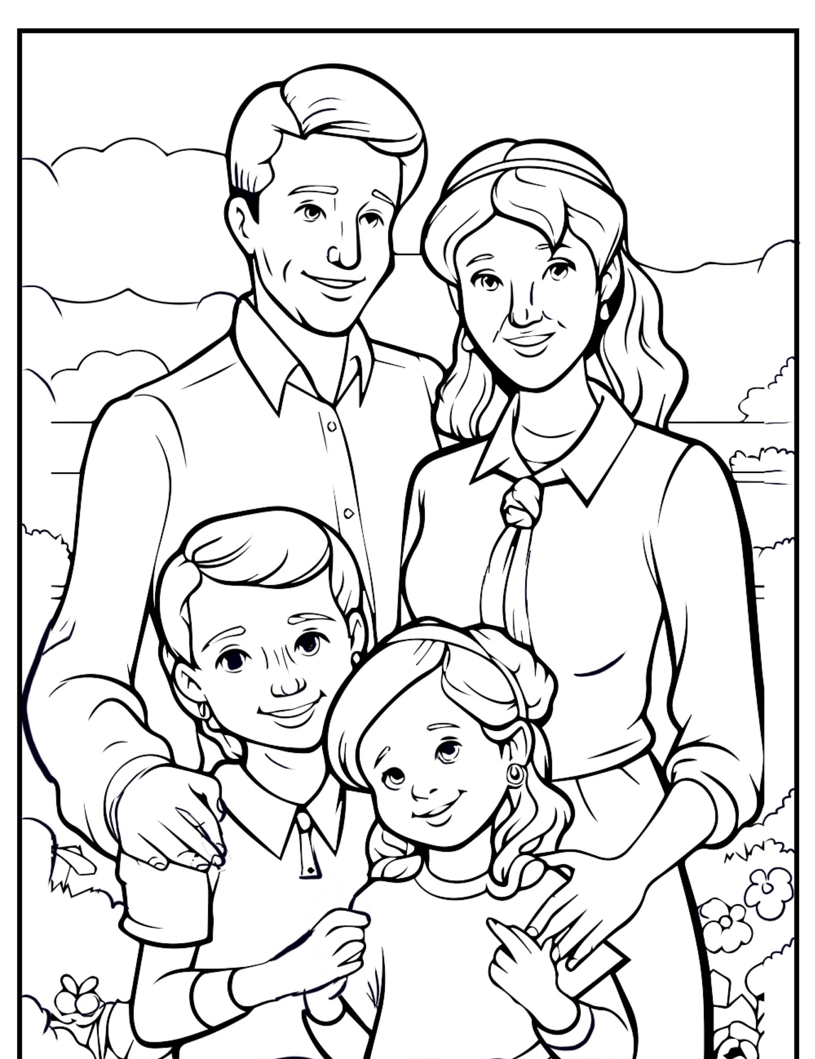 Uma ilustração em preto e branco de um desenho de família de uma família sorridente, com pais em pé atrás de seus dois filhos pequenos ao ar livre, perfeita para colorir.